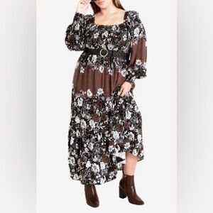 Avenue Brown and White Floral Long Sleeve Dress